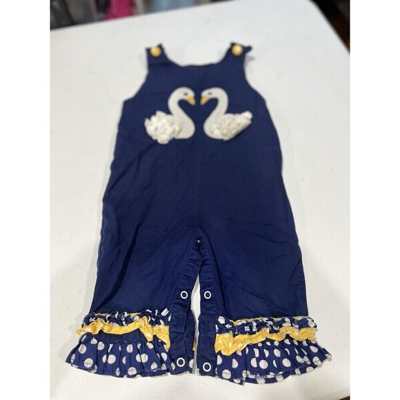 Lil Cactus Heart Swans Navy Blue Romper with Yellow Ruffles Unisex Infants 6-12 - Picture 1 of 7